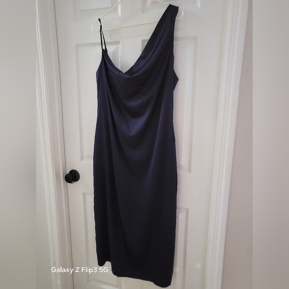 Navy Blue Asymmetrical One Shoulder Slip Dress for Cocktail